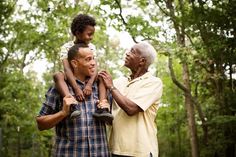 Grandfather, father and son enjoying outdoor time.