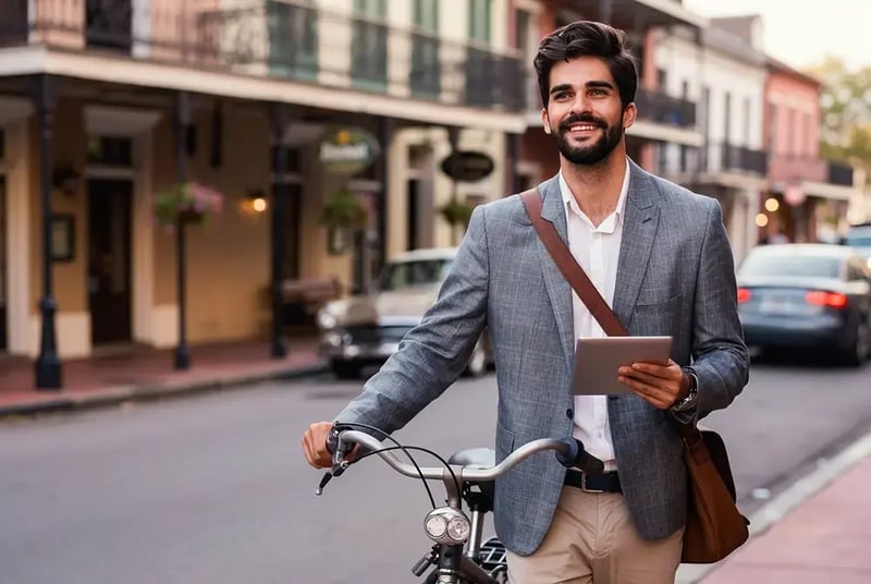 Man walking a bicycle down a city street.