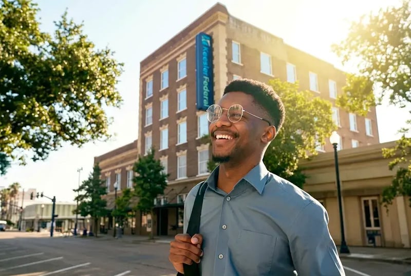 Man walking near Keesler Federal Downtown Gulfport, MS building.