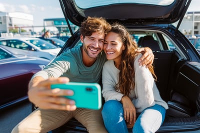 Couple taking a selfie in the back of a car.
