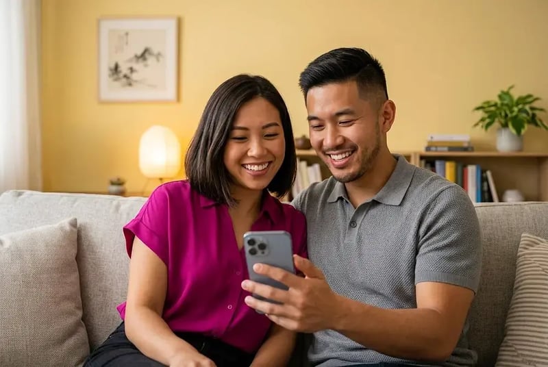 Couple taking a selfie on a sofa.