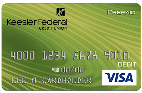 Close-up of Keesler Federal Credit Union green prepaid debit card