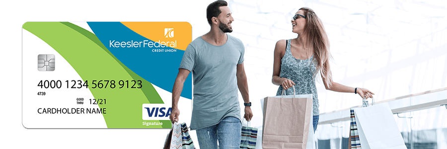 Couple going shopping with their low fee Keesler Visa credit card.