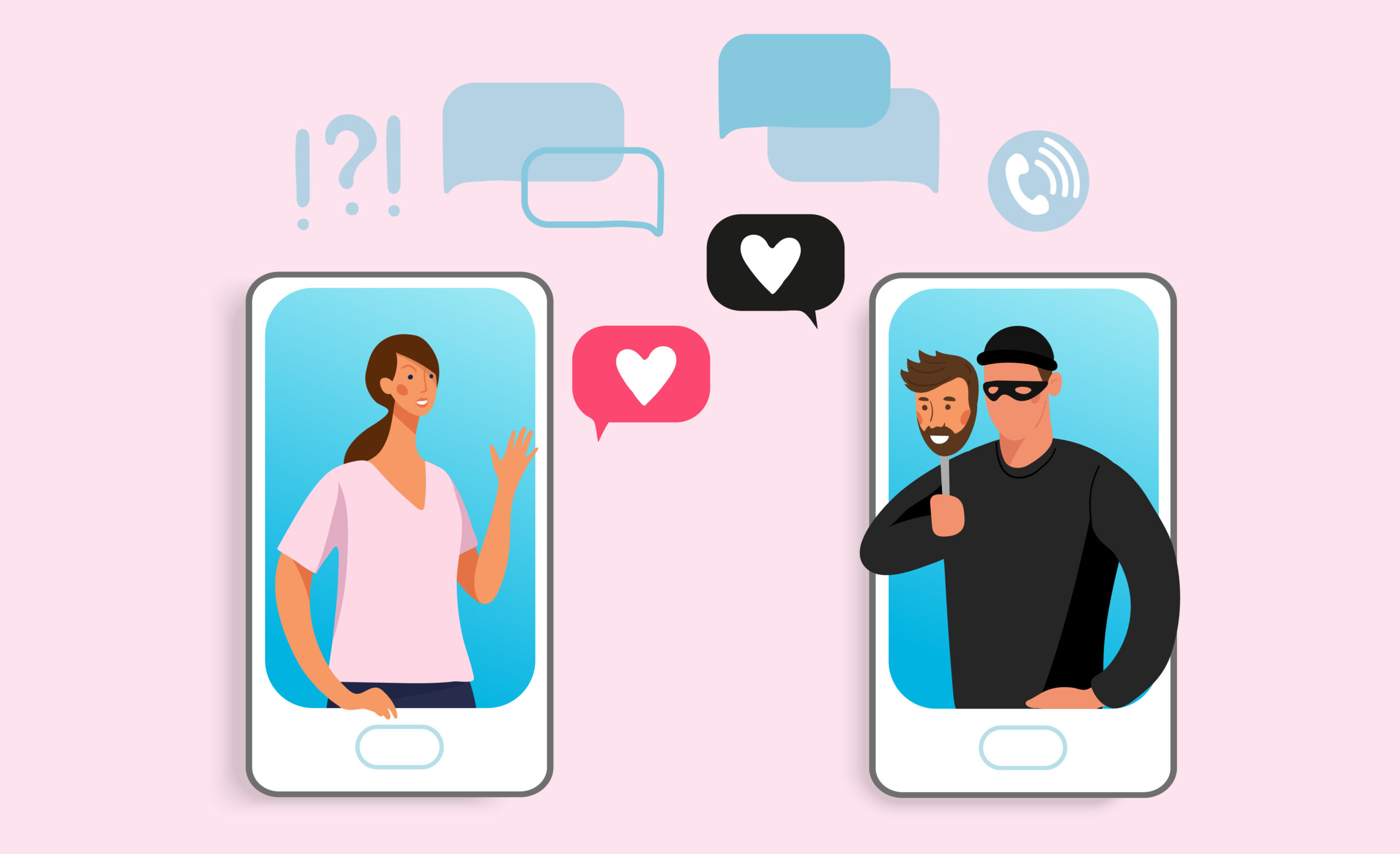 Two cartoon phones surrounded by icons. One phone has a person inside the screen waving next to a heart icon, the other phone has a scammer holding up a fake mask next to a heart icon